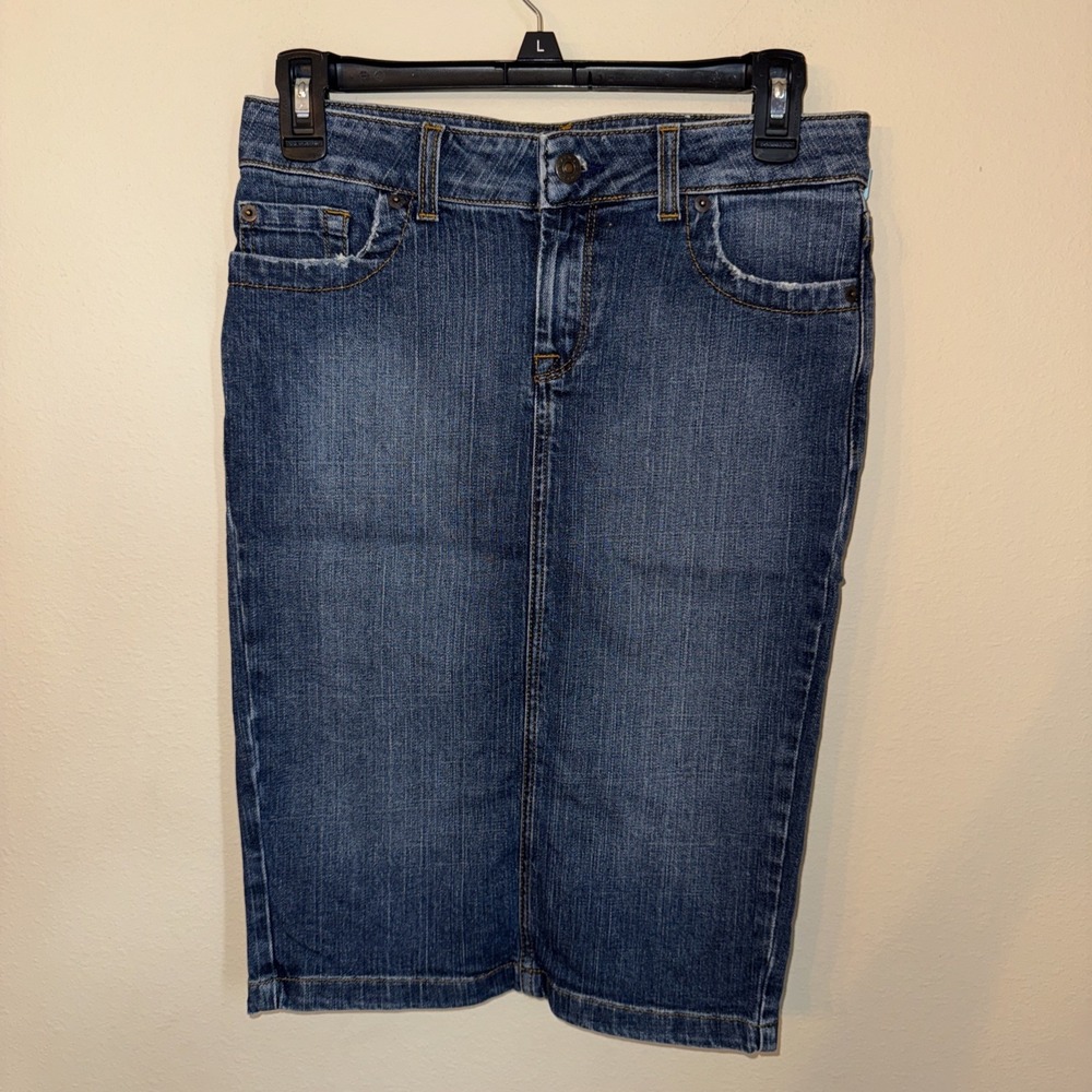 Mossimo Womens Denim‎ Pencil Skirt Blue Medium Wash Rhinestone Pocket Back Slit